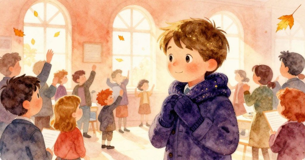 季節感あふれる部屋で、窓から差し込む朝日と秋の落ち葉が背景に映り、参加者が活発なオークションを進行する情景が描かれる。