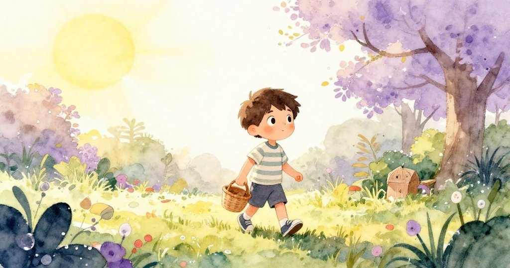 朝の柔らかい光の中、濡れた庭に入るレオが元気にバスケットを抱え歩く様子が描かれ、期待に満ちた表情です