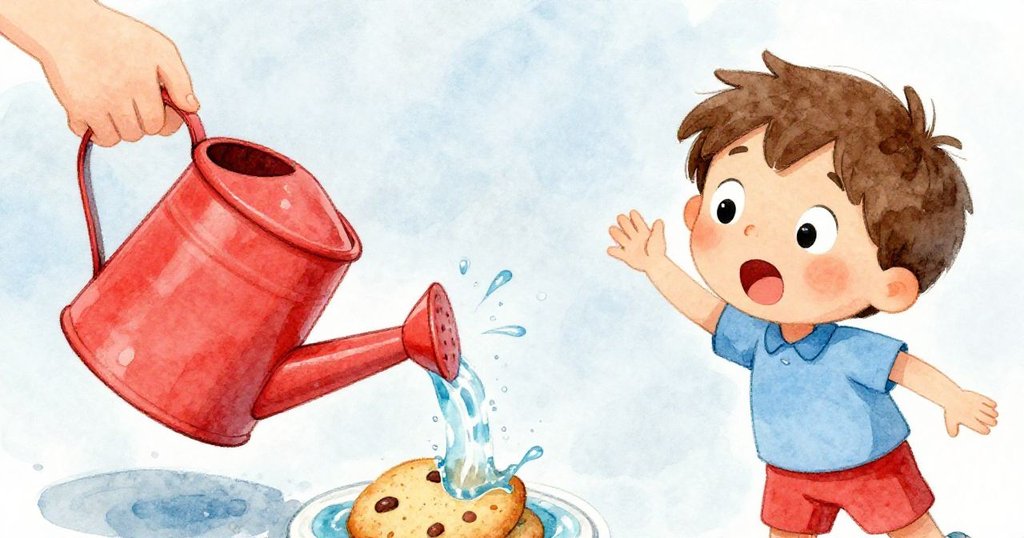 토비의 바지와 신발에 물이 튀는 가운데 쟁반에서 굴러 떨어지는 쿠키와 물방울이 생동감 있게 표현된 장면