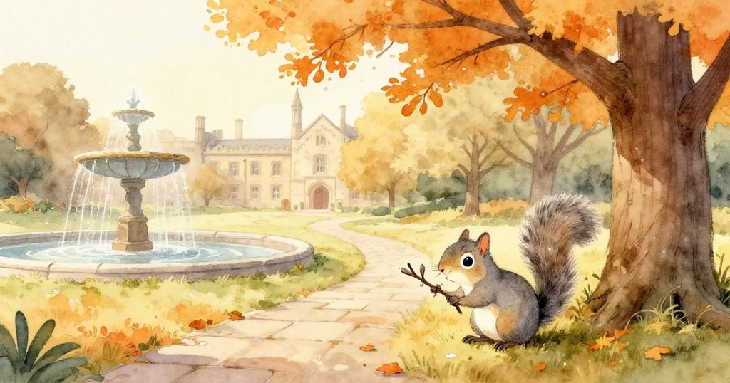 在晨光中的古石小徑上,灰色松鼠靜靜探索,旁邊是高大的橡樹與噴泉背景,展現平靜等待的心情。