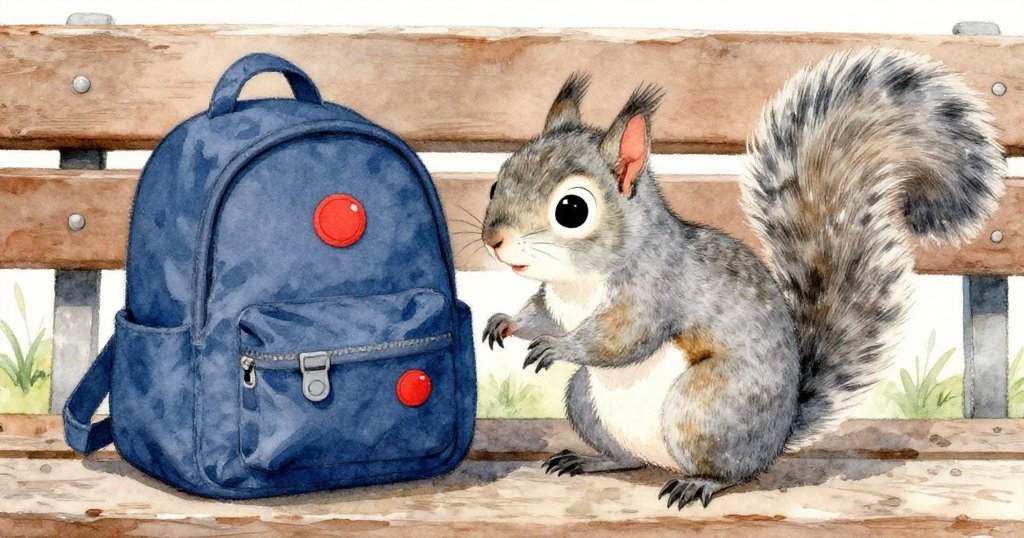 灰色松鼠特寫面部,眼神專注,正靠近放在木板凳上的深藍色背包,神情好奇而警覺。