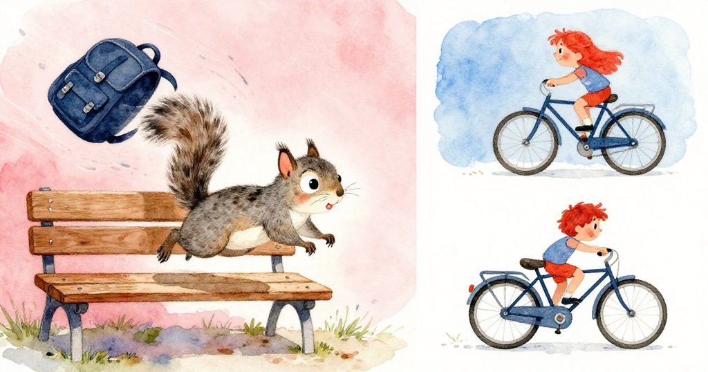 灰松鼠在半空中躍向長凳,同時一輛自行車靠近擾動場景,動感與衝突交織,表情緊張。
