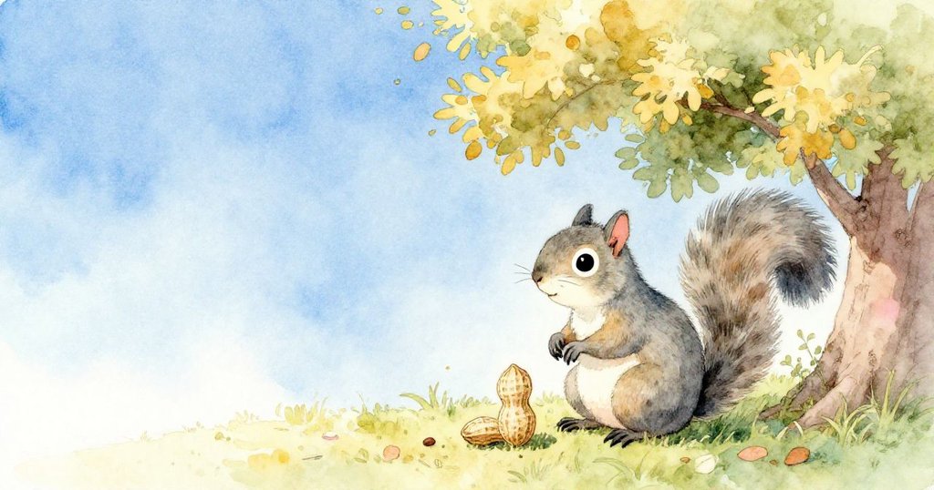 在廣闊藍天下,灰松鼠安坐低灌木旁,持著珍貴花生,象徵堅韌與智慧的美好結局。