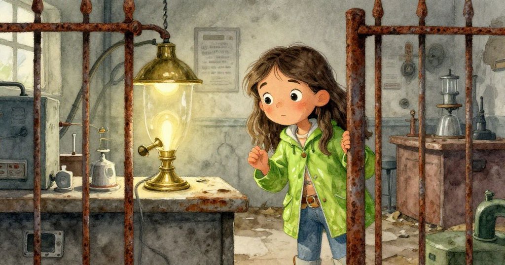 克拉拉透過破舊柵欄凝視被廢棄實驗室內閃爍著光芒的黃銅儀器,神情既好奇又充滿歷史感。