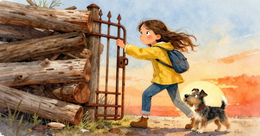 克拉拉用樹枝搭起臨時階梯試圖撬動銹蝕大門,她與傑斯珀互動展現努力與好奇。