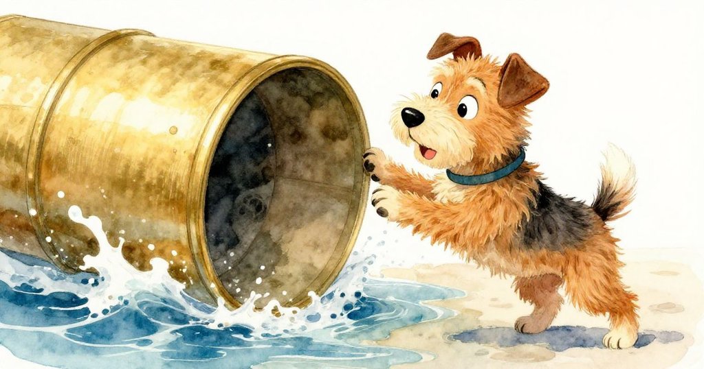 傑斯珀興奮地吠叫並用爪子觸碰閃亮物件,海潮與木板交織展現出一只黃銅圓筒。