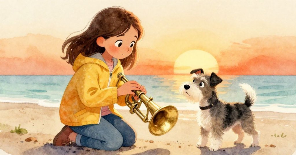 克拉拉蹲在沙灘上仔細端詳黃銅儀器,潮水輕拂足跡與傑斯珀陪伴,展現出探險與靜謐感。