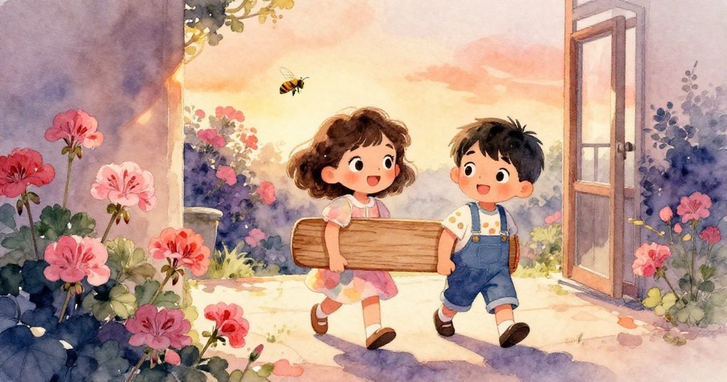 在柔和晨光中，Mara與Leo搬運木板，庭院裡有盛開的天竺葵與飛舞的蜜蜂，臉上充滿期待與喜悅。