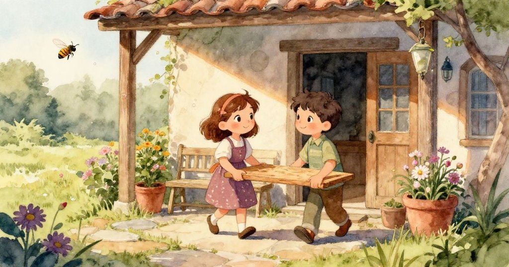 在陽光灑落的角落，Mara與Leo的寵物狗輕碰著掉落的畫筆，老凳上明亮顏料瓶整齊排列，充滿調皮驚喜。