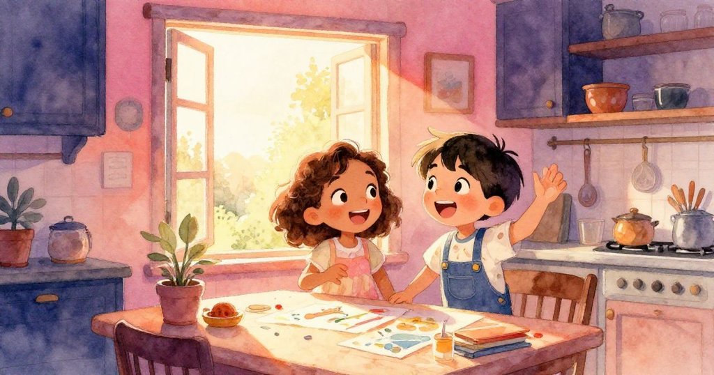 在溫馨廚房內，Mara與Leo透過開窗望向外面，聽到歡笑聲和畫面動作，心中充滿溫暖與快樂。