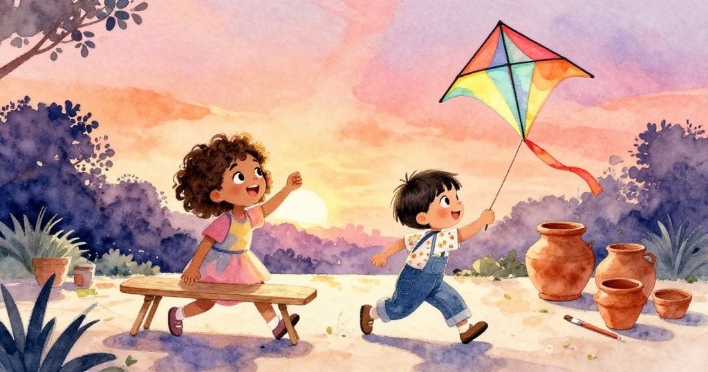 在明亮的庭院裡，Mara穩住木板，Leo追逐滾動的畫筆並放置黏土盆以平衡紙風箏，場景充滿合作樂趣。