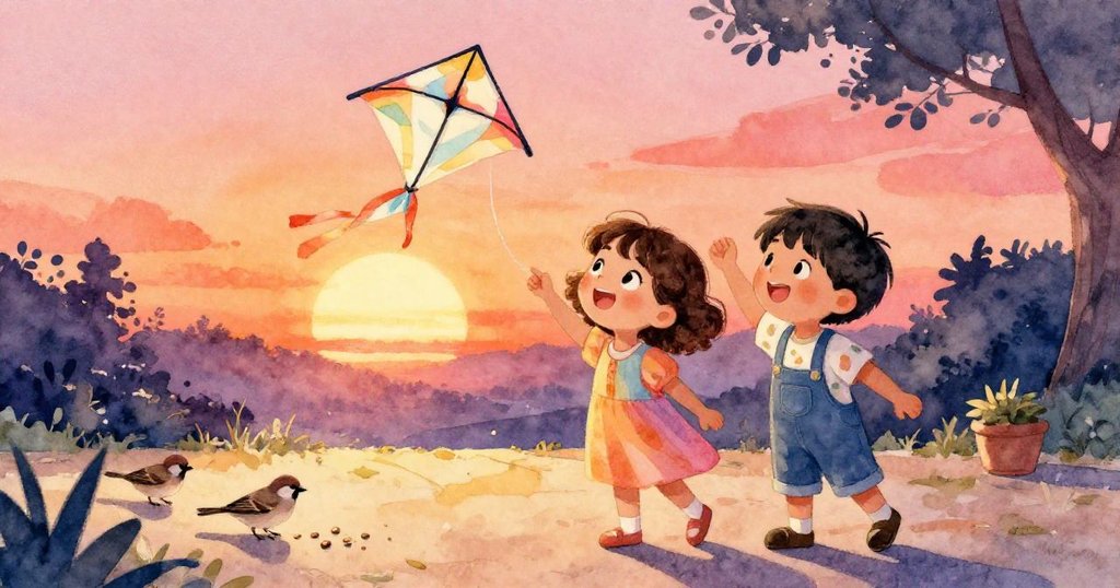 在夕陽餘暉下，Mara與Leo站在庭院欣賞乾透的彩繪風箏，旁有麻雀在輕輕啄食，畫面寧靜溫暖。