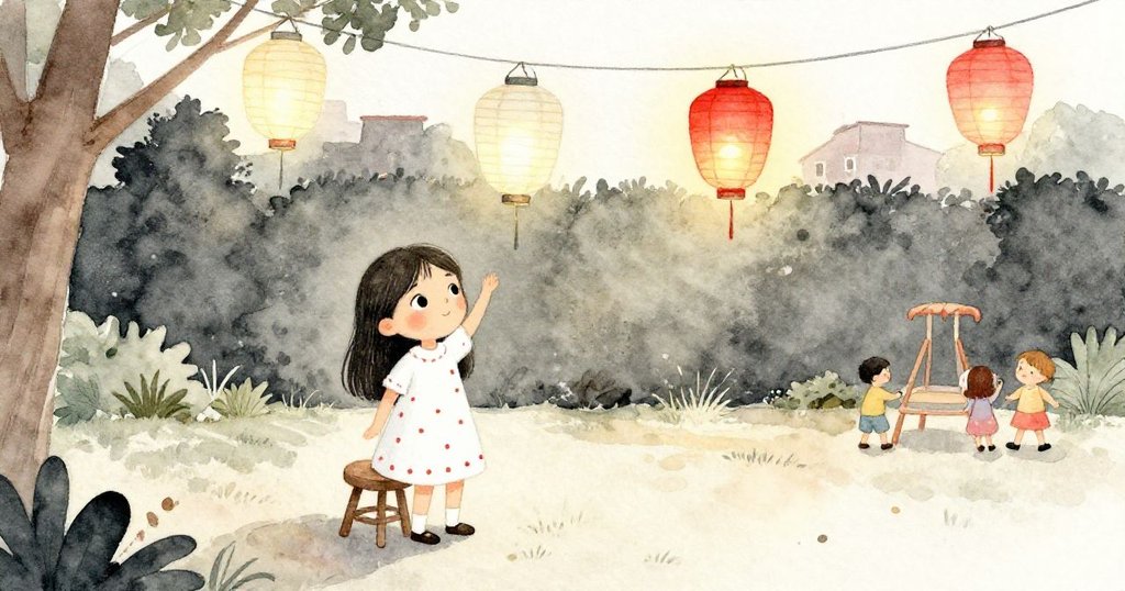 Ruby 在黃昏庭院掛燈籠,背景遊樂場隱約,紙燈籠隨風擺動,表情專注期待,營造溫暖氣氛。