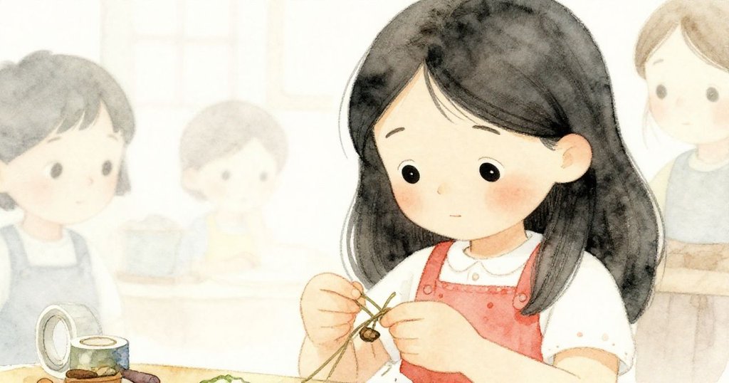 Ruby 仔細修補鬆動插頭,用園綢與新膠帶固定,手法細緻專注,燈光柔和映襯修補細節。