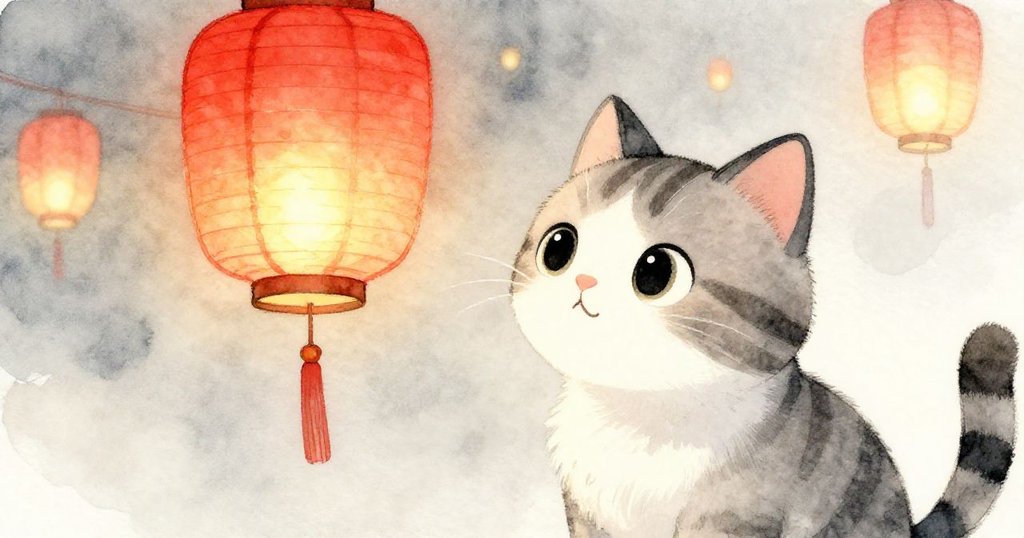 條紋貓注視搖曳燈籠,眼中映出溫柔光芒,牆邊庭院背景營造出夢幻好奇氛圍。