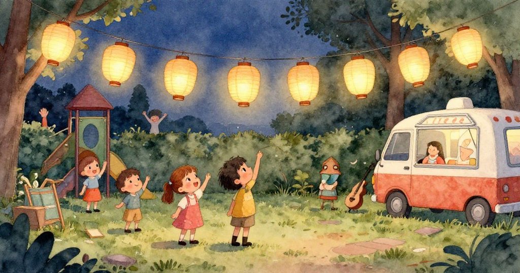 強風襲來,庭院中燈籠隨風共舞,彩紙飛舞營造動態氣氛,連接處閃爍出不安光影。