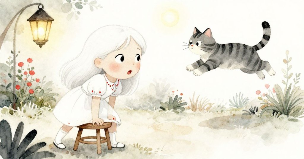 燈籠短暫熄滅,Ruby 驚訝中穩定自己,搖晃凳上努力平衡,條紋貓敏捷跳躍,瞬間充滿緊張氣氛。