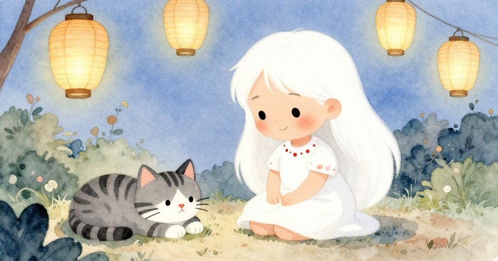 修補後燈光穩定,Ruby 輕鬆微笑,條紋貓靜繞身旁,藍夜中庭院溫馨安寧,結局平和滿足。