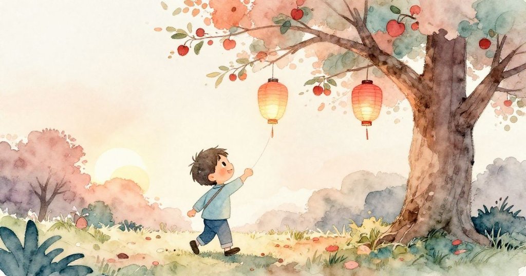 米洛在溫暖傍晚的庭院裡,背對夕陽提著鮮亮燈籠,迎向古老蘋果樹,臉上露出期待的表情。