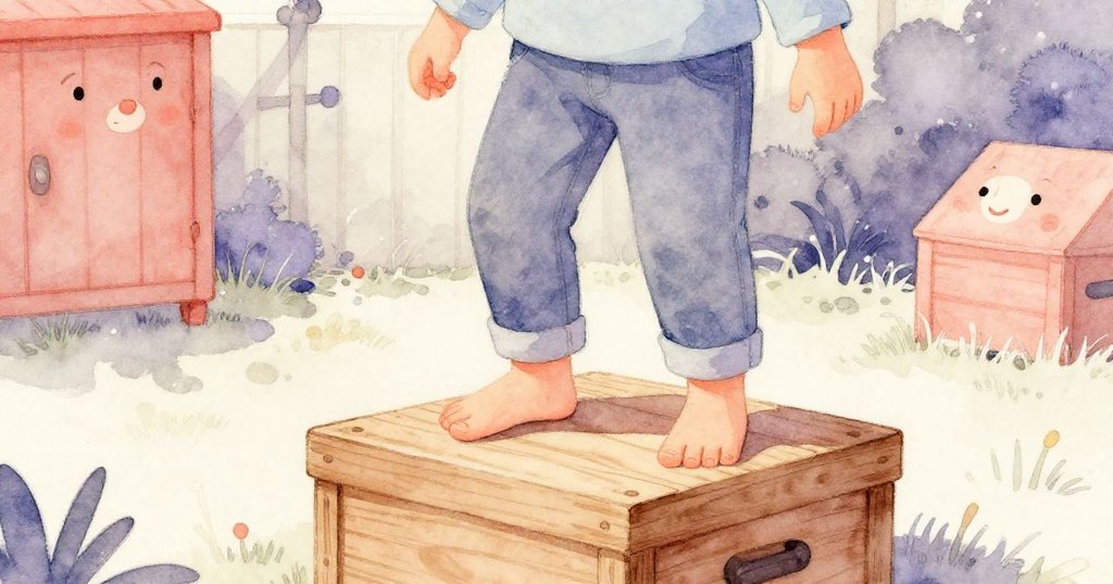 米洛小心踩上木箱,腳步穩健卻令木箱微微晃動,庭院中透露出即將開始的熱鬧氣氛。