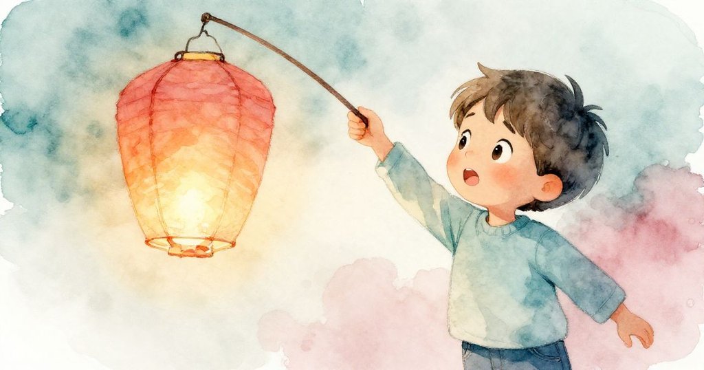 米洛伸手時燈籠橫擺,他驚訝的表情映在燈籠光滑表面上,背景中隱約顯現蘋果樹枝。