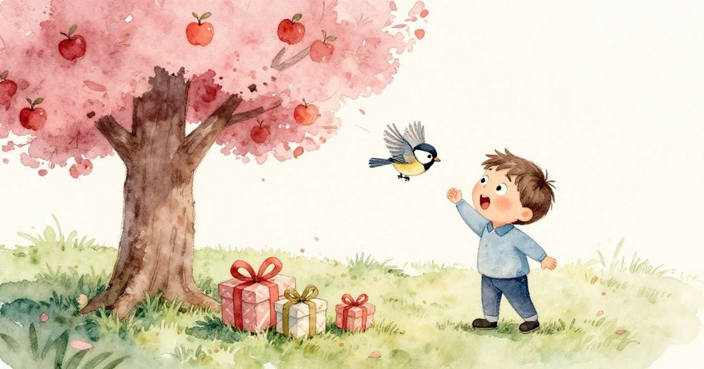 落地禮物輕響草坪,驚擾樹上麻雀迅速振翼飛起,庭院中充滿柔和夕光和動感。