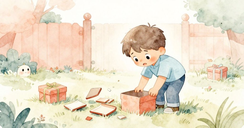 米洛急忙彎腰撿起散落草地上的木片和禮物,神情專注且略帶焦慮,捕捉到庭院中努力的瞬間。