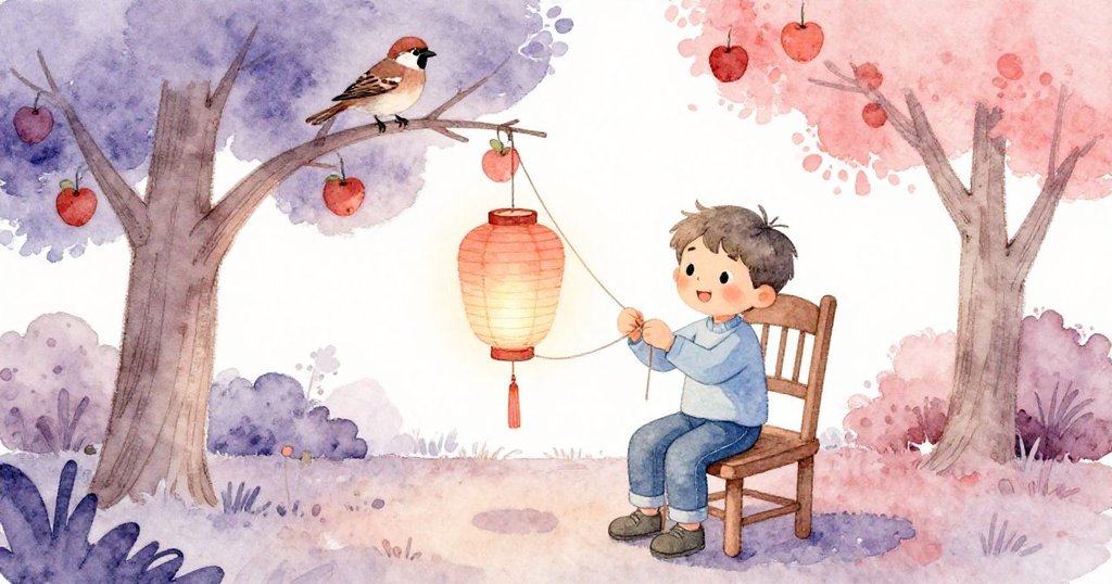 米洛選擇穩固椅子重新綁定燈籠,樹上麻雀安然棲息,庭院中流露出平靜後的溫馨與滿足。