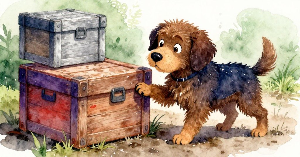 Buddy用濕潤的爪子輕觸泥濘中的老木箱，背景顯示雨天和濕泥，狗狗流露出好奇和堅定的神情。