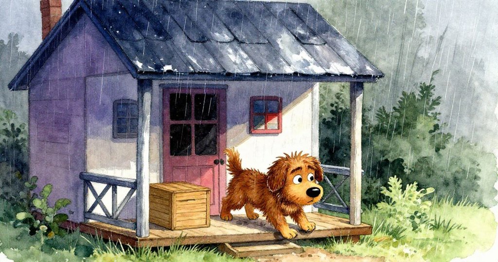 Buddy推開木箱後踏上乾燥門廊，風輕搖屋簷，背景展現雨天過後的轉折與安穩感，牠表情自信。