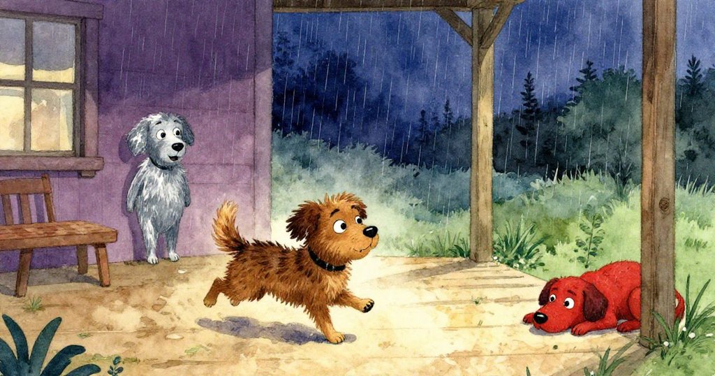 在乾爽的門廊上，Buddy快樂地奔跑轉圈，隨後安坐休息，臉上滿溢著雨過天晴後的寧靜與喜悅。