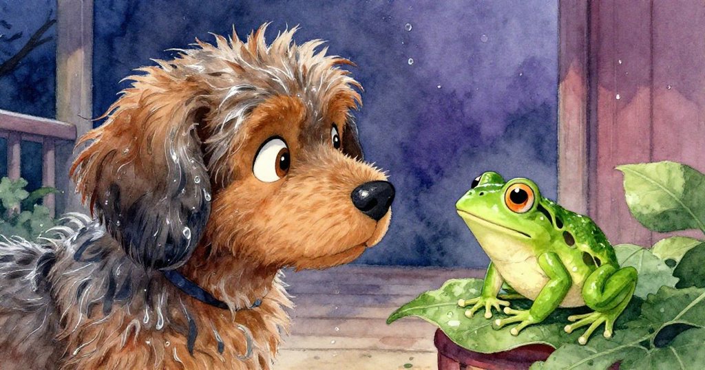 Buddy與Freddy在門廊邊對視，雨後葉上露水微光映襯牠們真摯溫柔的表情，傳遞著無聲感激與情誼。