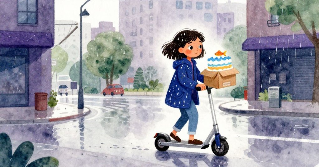 咪拉騎著滑板車穿梭在雨後濕潤的都市街道，穩握裝蛋糕的紙箱，表情平靜堅定，環境具都市燈光與雨水反光。