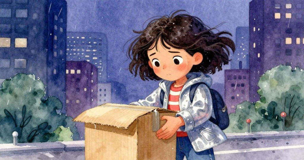 咪拉特寫臉龐在風中顯露出焦慮與堅毅，輕握紙箱蓋，背景呈現雨後都市燈光模糊效果，情緒真摯。