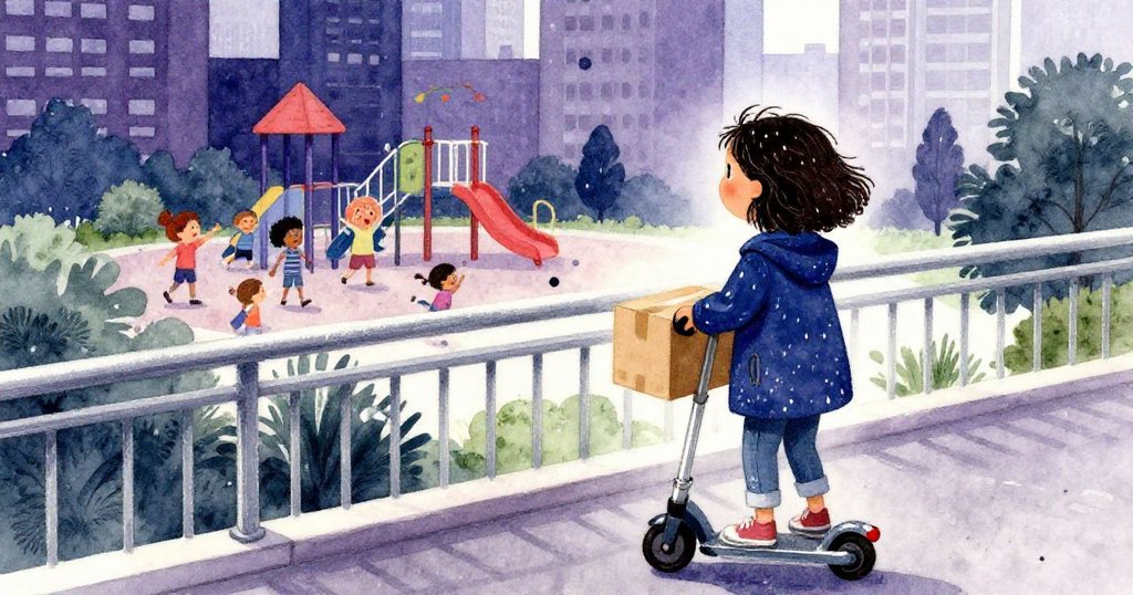 從咪拉肩後望去，她騎行於腳踏橋上注視遠處歡笑孩子，紙箱在手中微顫，都市午後光影溫柔流動，充滿期待。