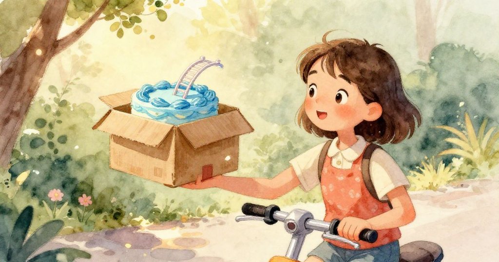 蛋糕特寫展現藍糖霜波紋，金魚玩具快要滑落，絲帶馳入搖籃形態，細節豐富充滿童趣，充滿奇幻溫馨感。