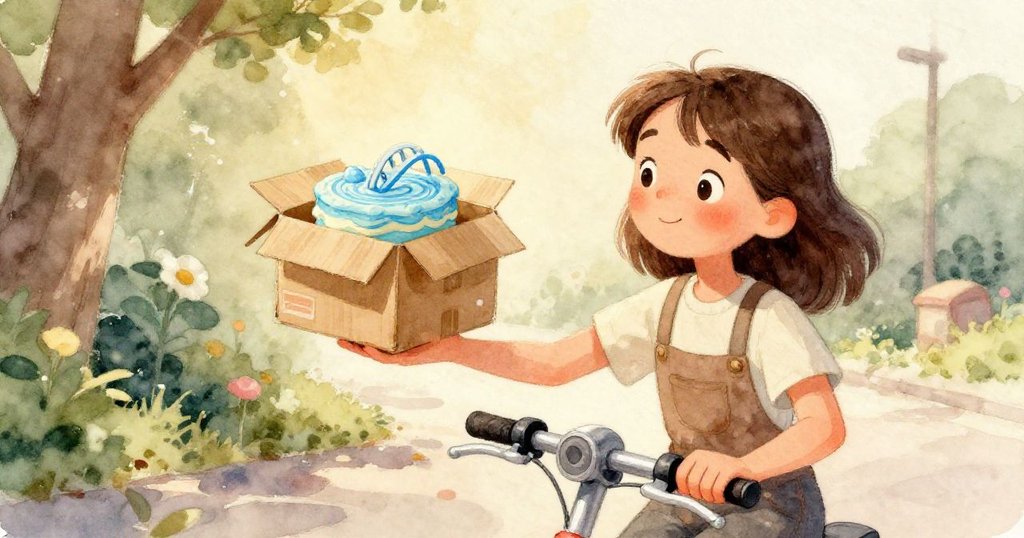 遊樂場中孩子們歡呼雀躍注視金魚安全降落蛋糕上，臉上寫滿驚喜與快樂，背景隱約見到咪拉身影，充滿生氣與溫馨。