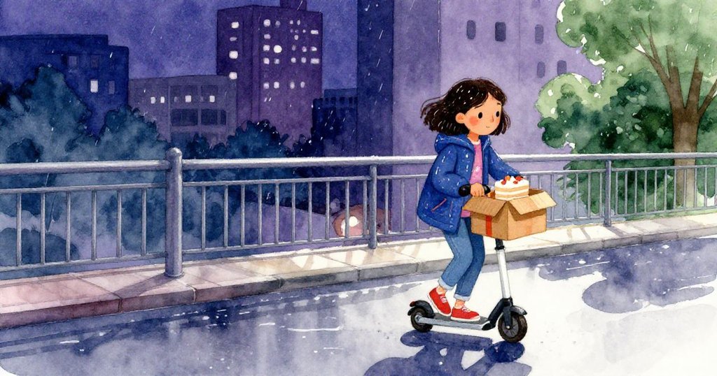 咪拉穩緩關上蛋糕紙箱並緊繫絲帶後，滿意地駕著滑板車離開濕潤腳踏橋，轉向乾燥街道，心情輕鬆溫暖。