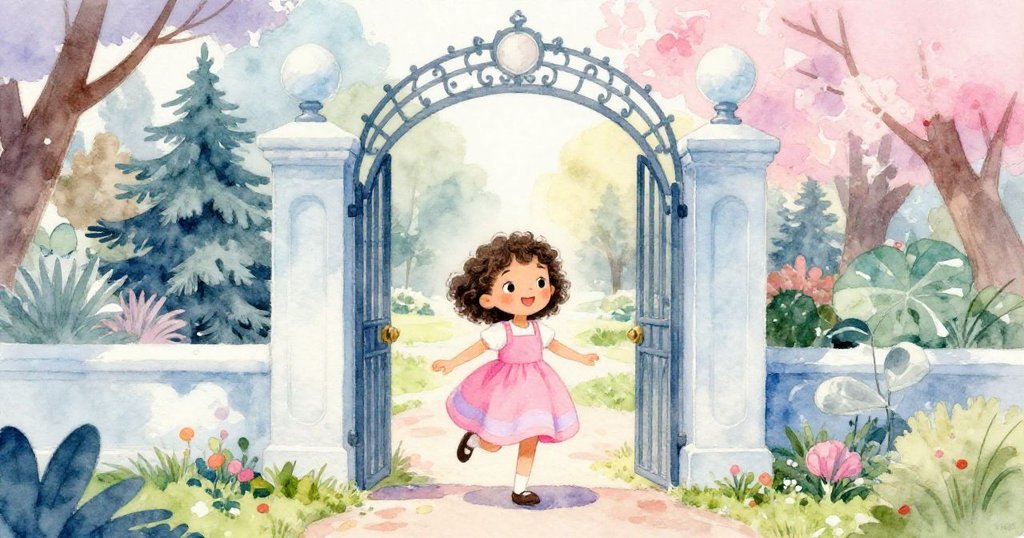 米婭帶著好奇心步入公園大門,陽光灑落,周圍樹木與色彩輕柔,展現開端的溫暖氣氛。