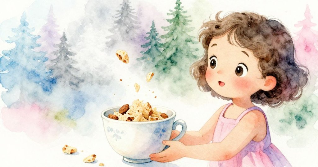 米婭手持小杯,杯中柔軟的碎屑微微顫動,細節精緻,充滿期待,呈現故事發展初期的神秘感。