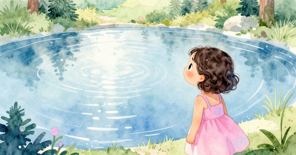 從米婭背後遠眺,清澈池塘反射著閃爍光線,環境綠意盎然,展現從入口到發現過程的關鍵轉折。