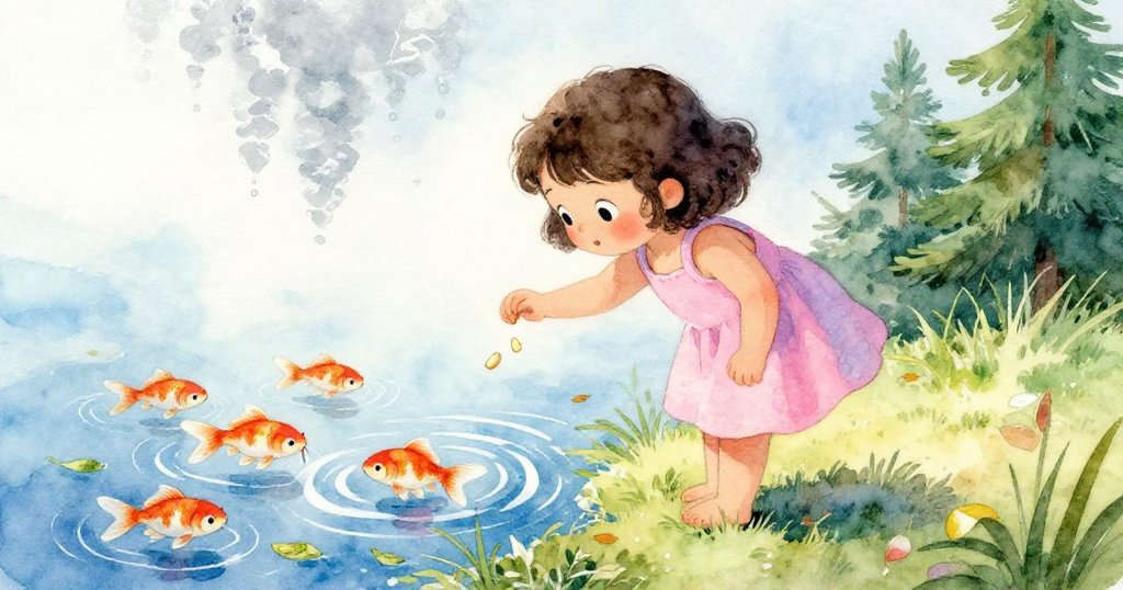 米婭彎下身體將兩粒光亮碎屑滴入池塘,橙色金魚在葉子間嬉戲,呈現發現過程中的歡愉與動感。