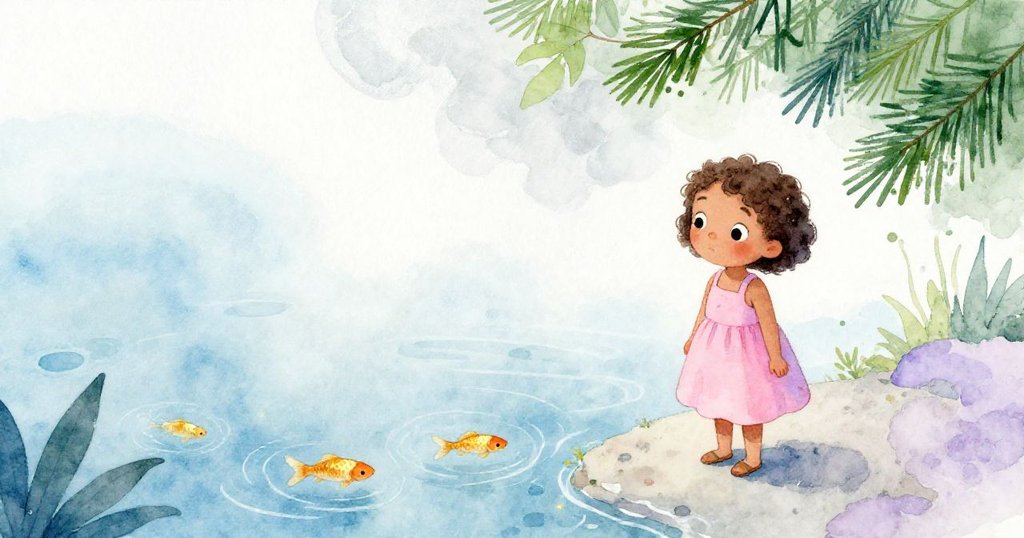 米婭靜立池邊凝望平靜水面,亮色金魚與輕飄葉子交織出平和象徵,展現故事結局的靜謐與省思。