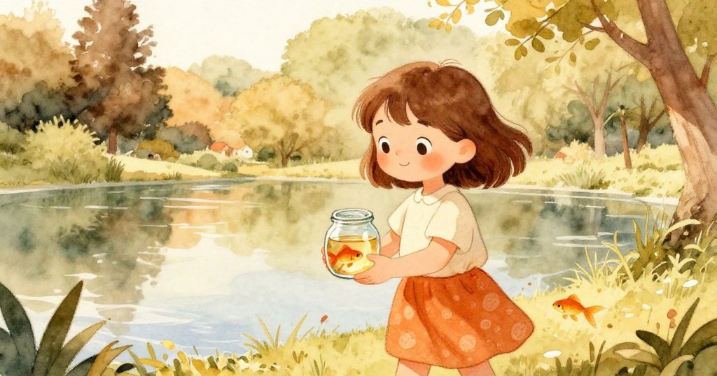 Lena拿著小玻璃罐來到公園湖邊，陽光溫暖，樹木草地環繞，她面帶期待微笑，準備新的旅程。