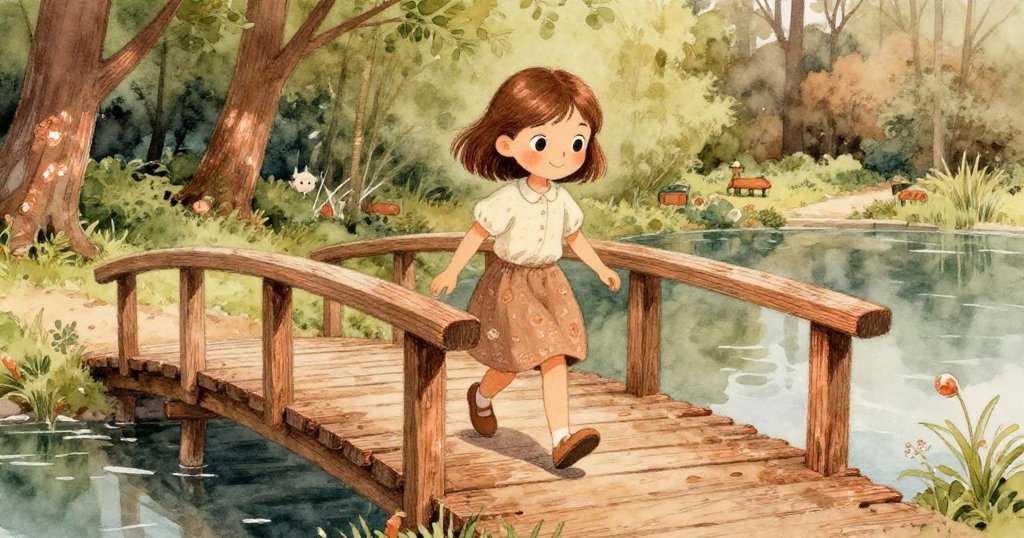 Lena小心翼翼踏上木橋，細節展現破舊木板，環境充滿森林棕與銅色光澤，她步伐穩重。