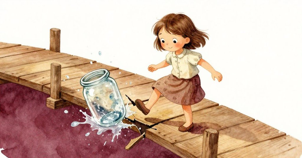 Lena踩到鬆動木板時，玻璃罐搖晃濺出水花，畫面充滿驚訝感與強烈色彩動感。