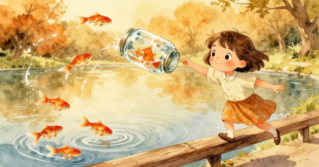 玻璃罐撞上欄杆飛向空中，水花四濺，橙色金魚自由游動，Lena驚訝表情明顯。