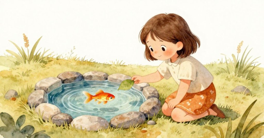 Lena跪在草地上石池旁，小心引導金魚向深水移動，臉上流露親切與驚奇之情。