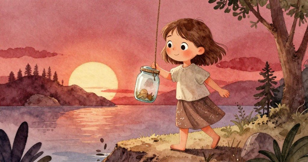 Lena手持乾淨玻璃罐回到岸邊，夕陽餘暉映照草地，溫暖中帶著告別情懷，畫面柔和美好。