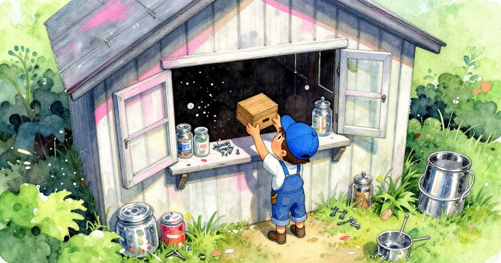 Leo在庭院棚屋中動作取盒，從上方俯瞰現場，塵埃隨光線飛舞，展現冒險氛圍與專注神情。